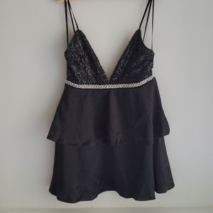 LAST CALL Black Squin Tiered Satin Mini Dress